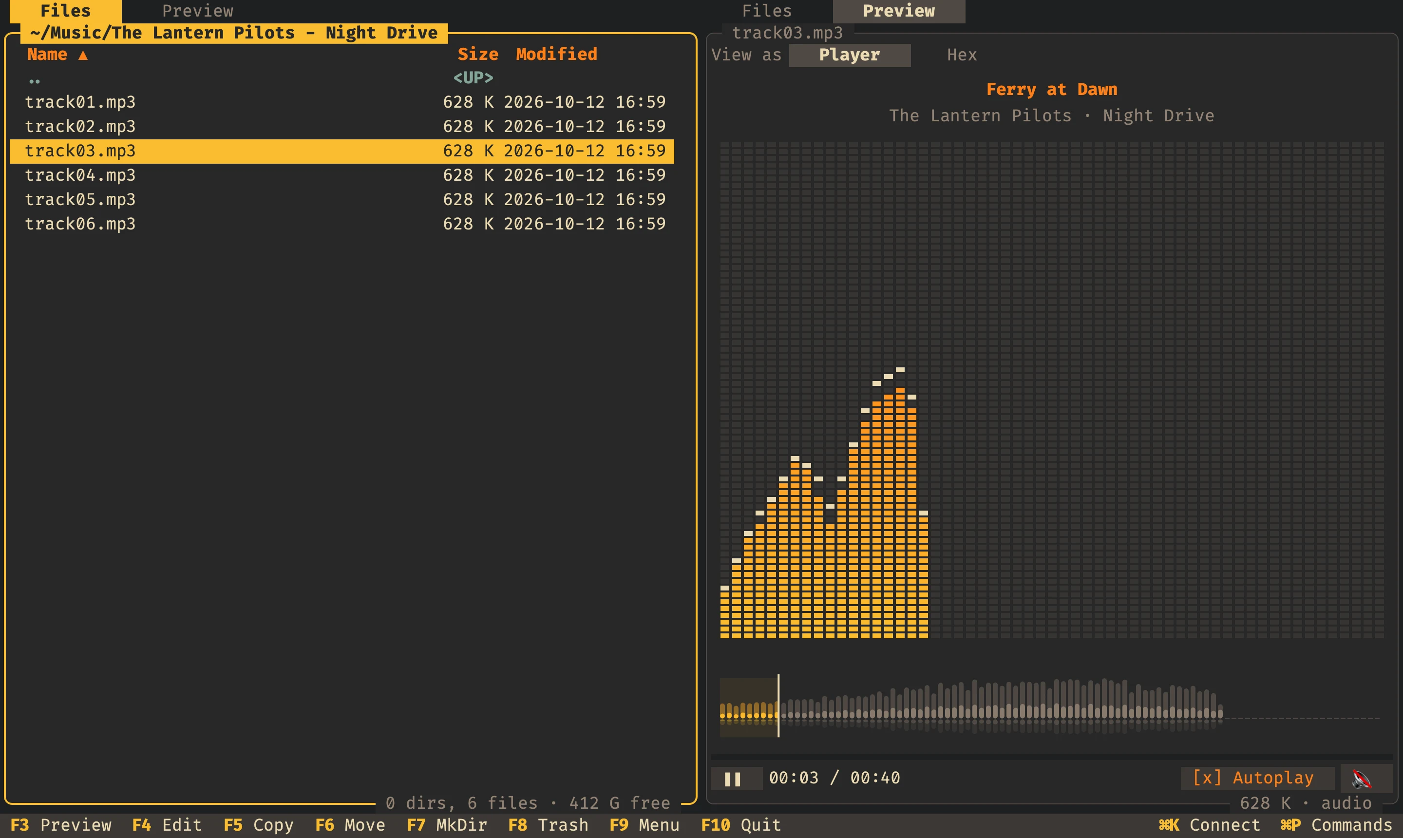 Playing an MP3 with a live spectrum and the waveform of the whole track
