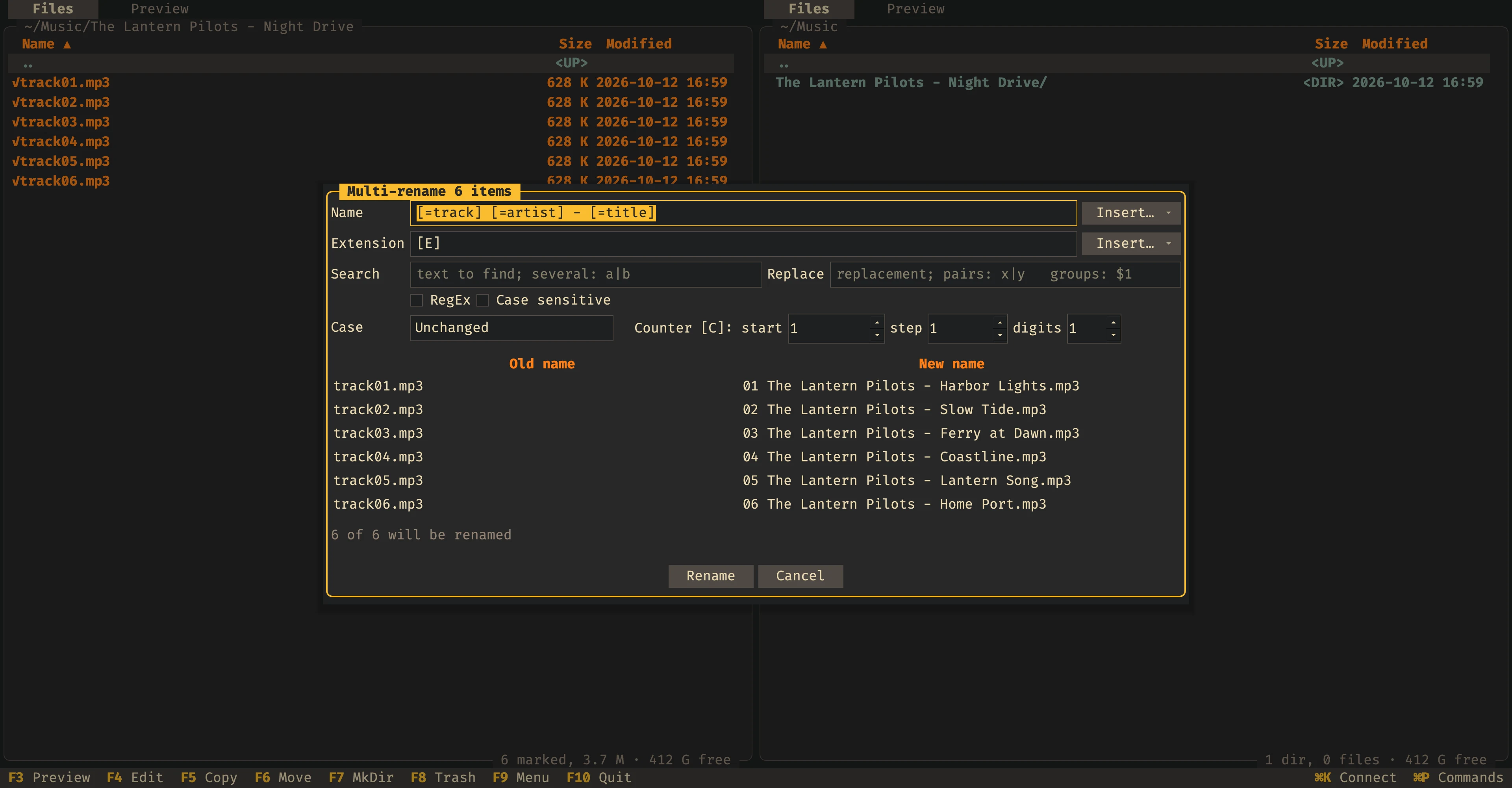The batch rename dialog renaming six music files from their tags