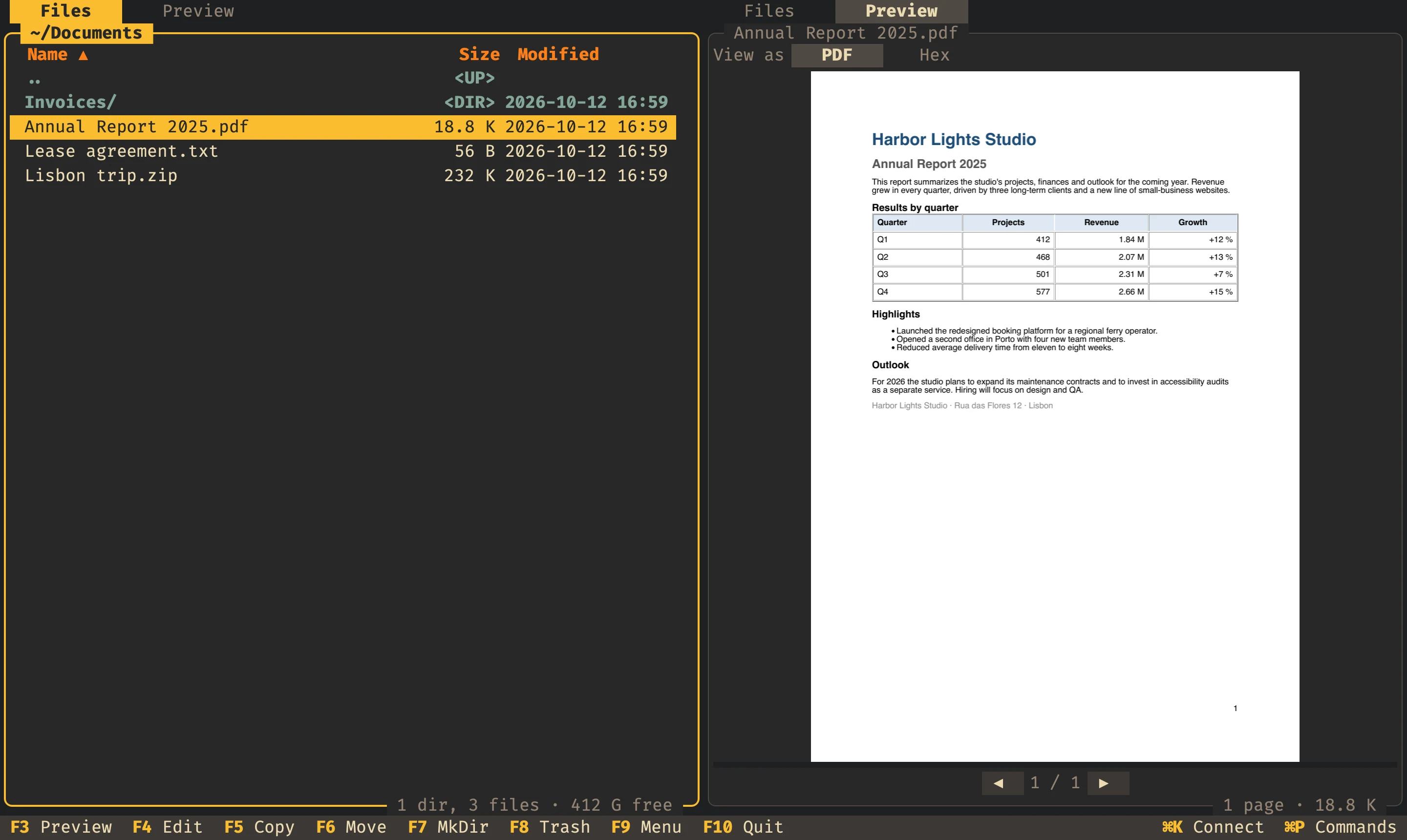 A PDF report previewed next to the Documents folder