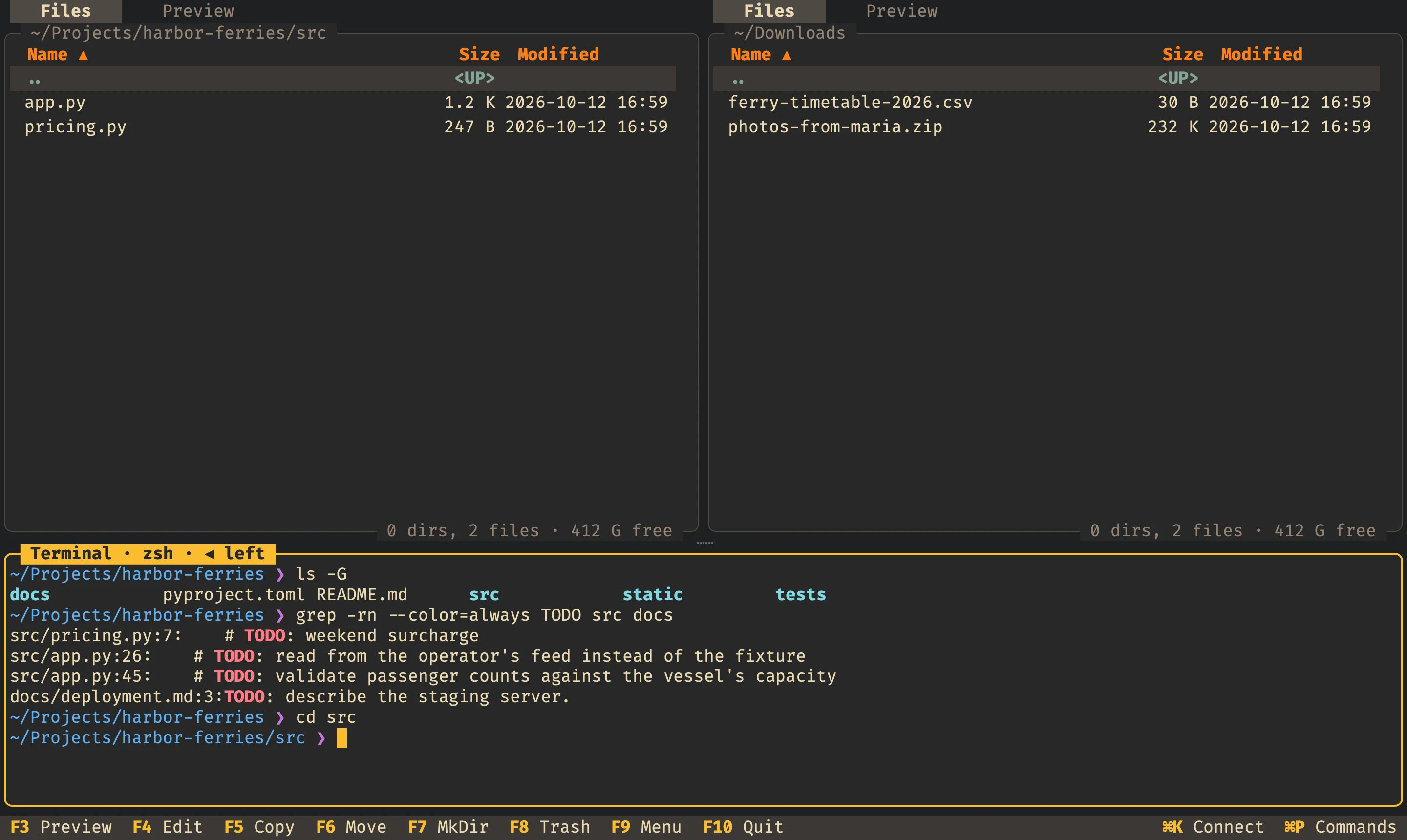 Two file panels with a terminal below them, showing grep output