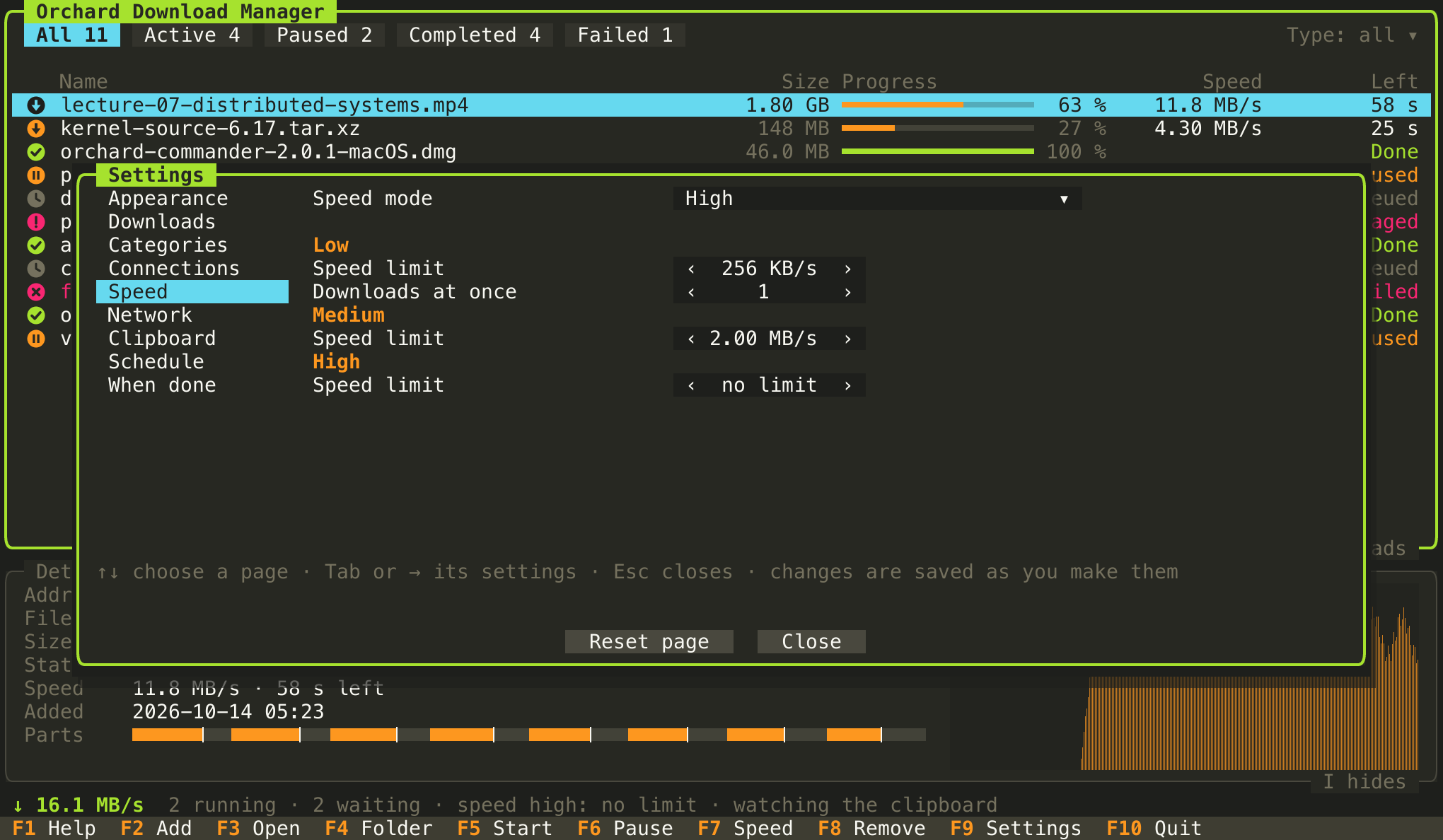 The Settings dialog on the Speed page with a limit for each speed mode