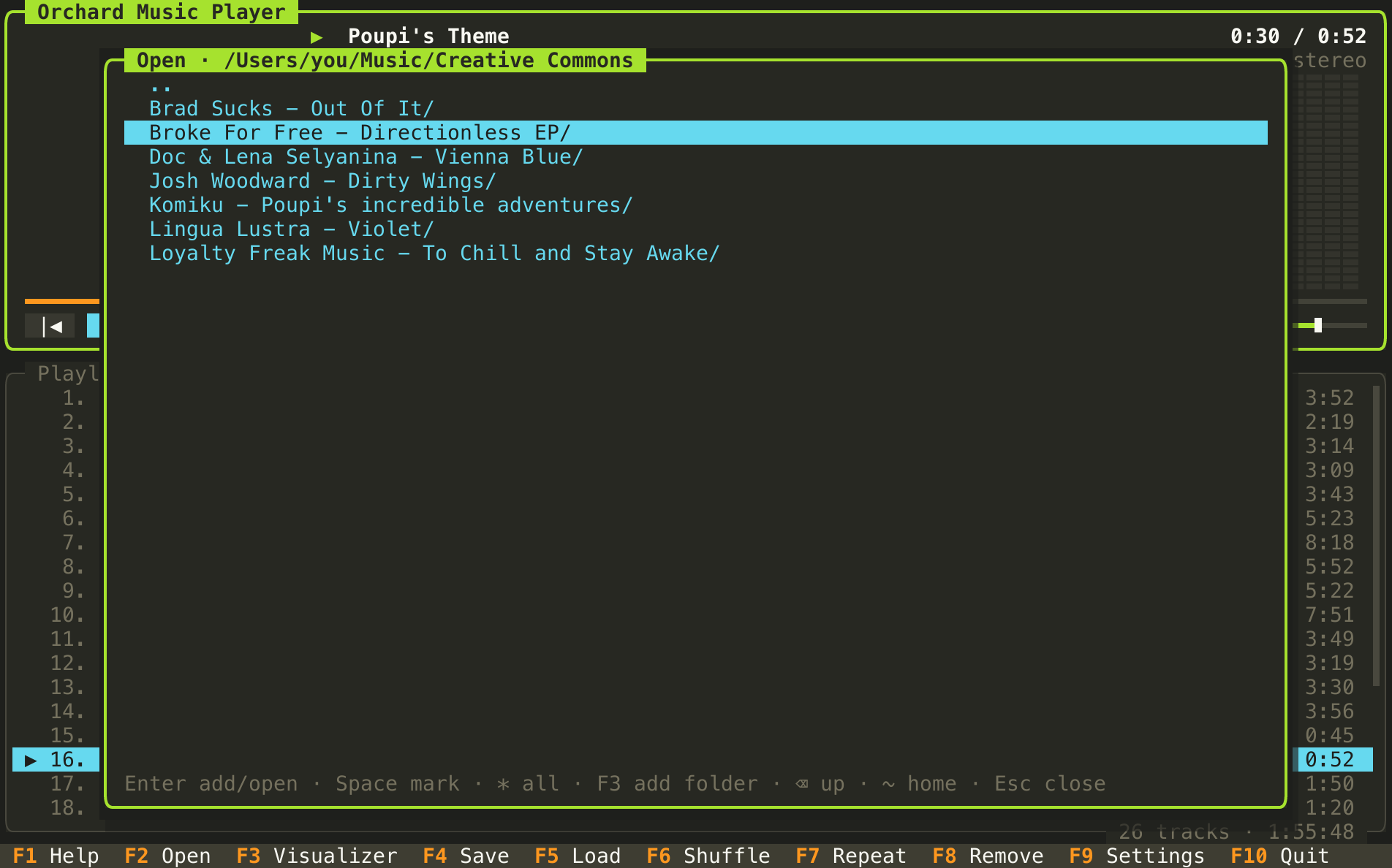 The built-in file browser for adding files and folders