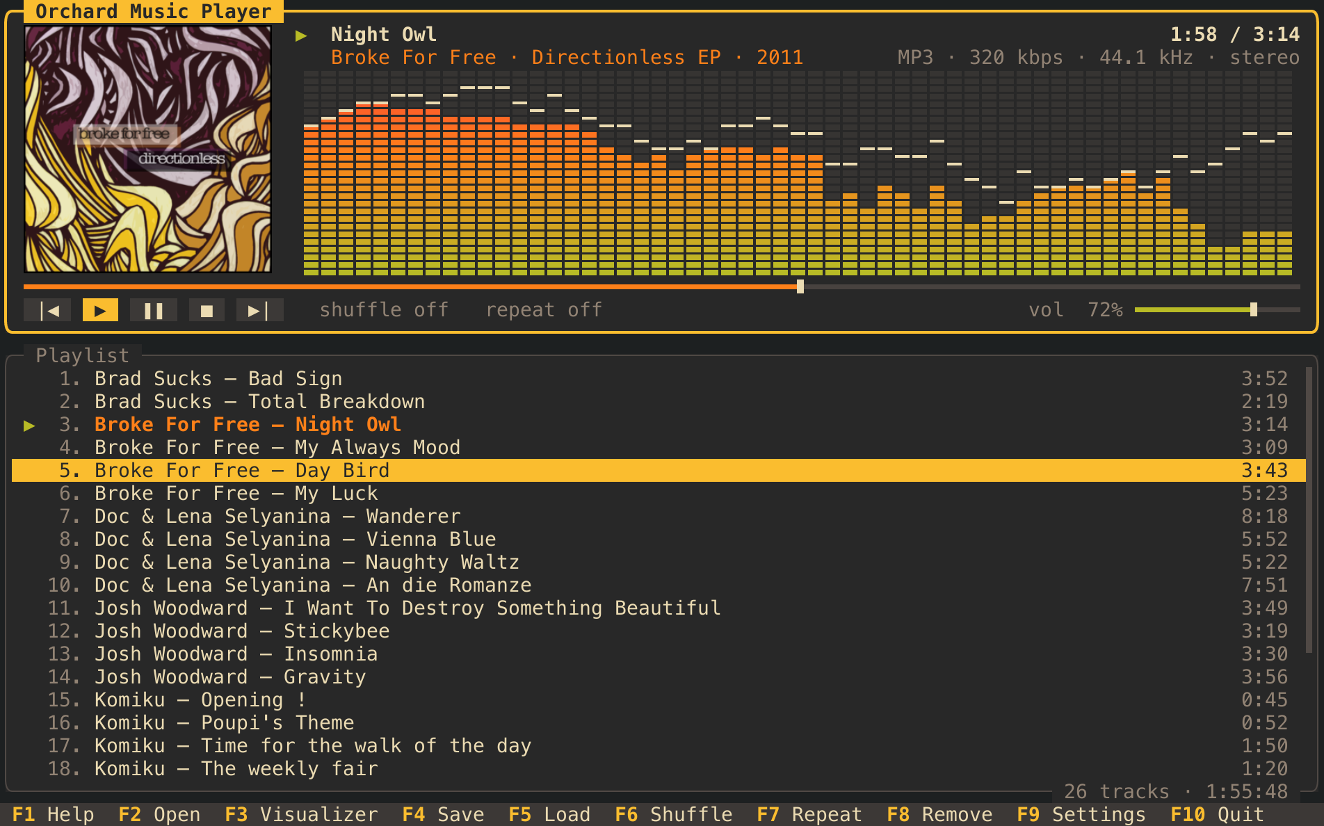 The player window: the playing track with its cover, tags and a spectrum analyzer above the playlist