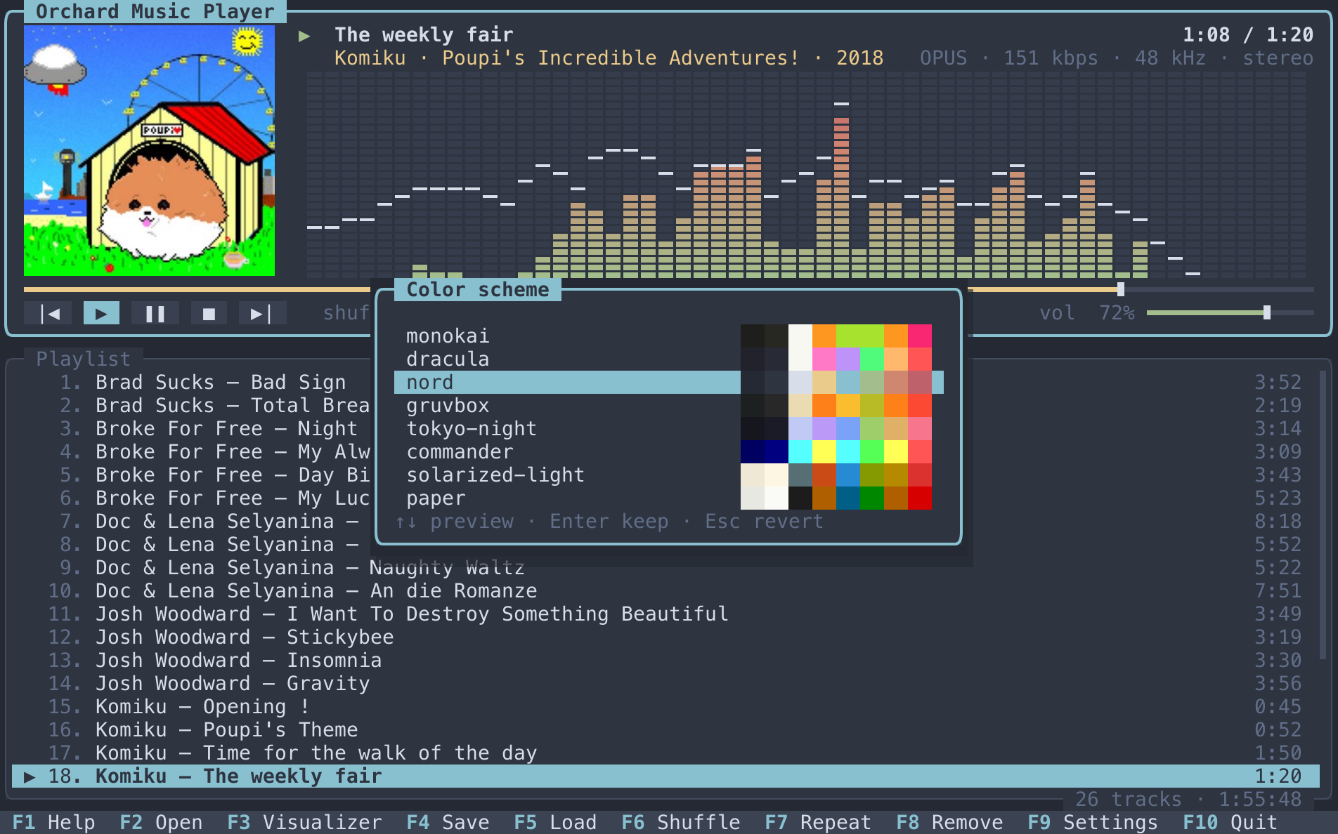 The color scheme picker, with the selected scheme previewed on the whole window